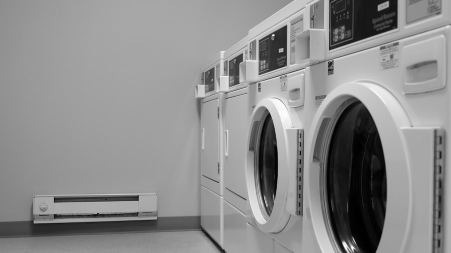 Row of commercial laundromat washing machines