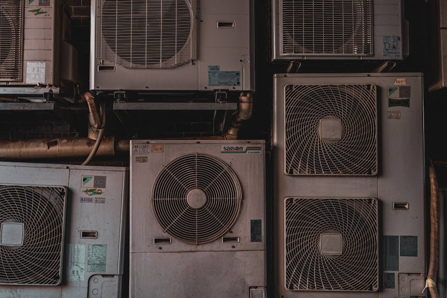 Commercial rooftop air conditioning units stacked together